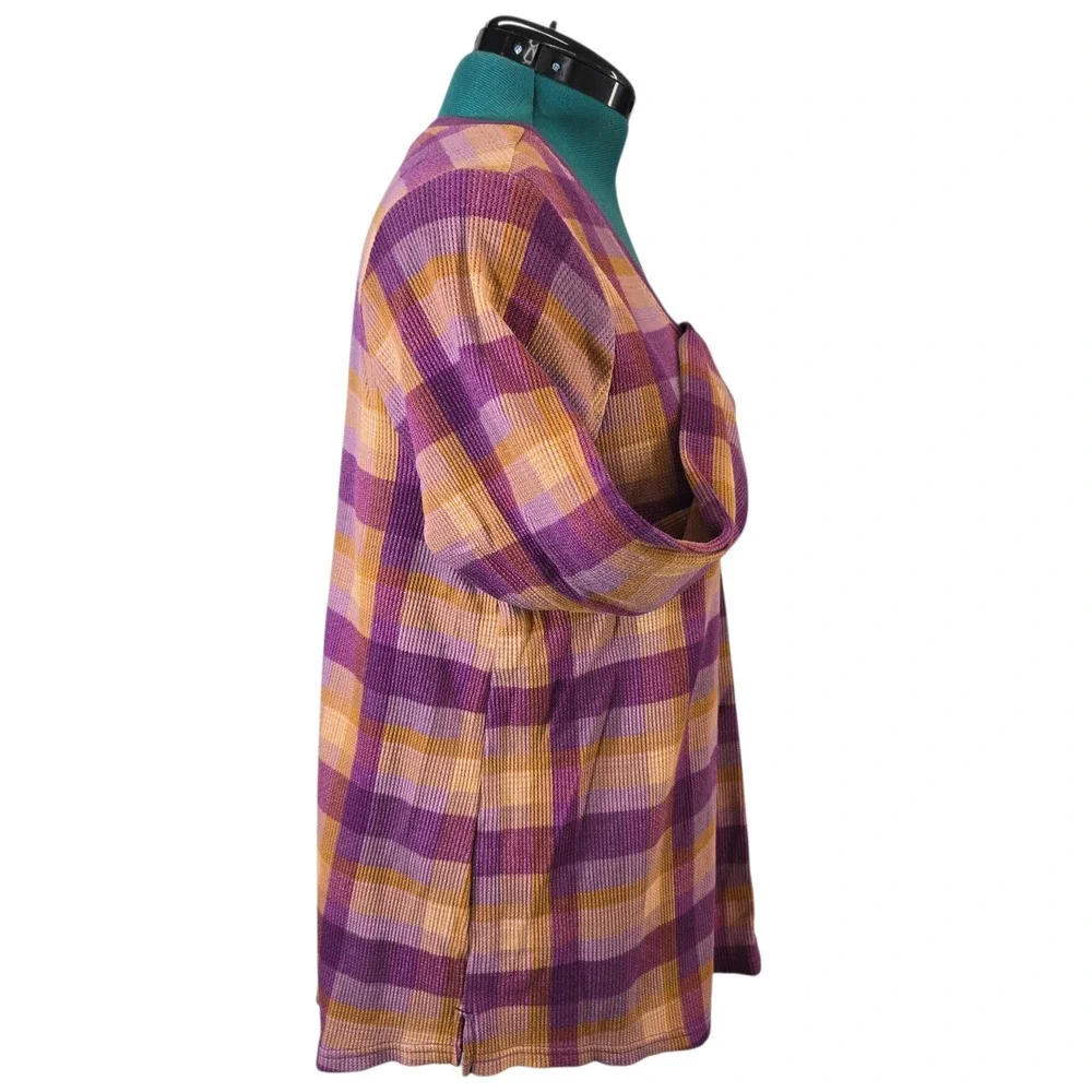 Terra & Sky Plus Size 1X Purple‎ Orange Plaid Waffle Knit Henley Top